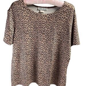 Stephanie Andrews Leopard Print Vintage Top, Scoop Neck Size L, Brown and Black
